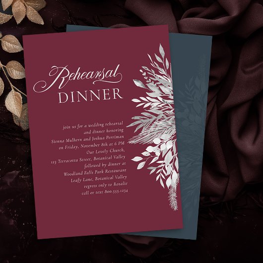 Burgundy Gray Botanical Wedding Rehearsal Dinner Kaart