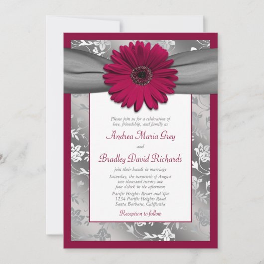 Burgundy Gray Daisy Floral Damask Wedding Kaart (Voorkant)
