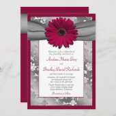Burgundy Gray Daisy Floral Damask Wedding Kaart (Voorkant / Achterkant)