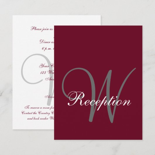 Burgundy Gray Monogram Elegant Wedding Reception Kaart (Voorkant / Achterkant)