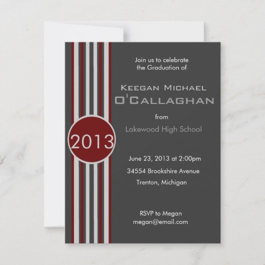 Burgundy Gray Striped Graduparty Invitation Kaart (Voorkant)