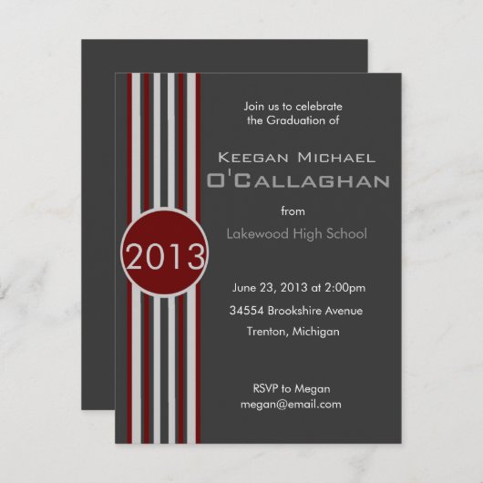 Burgundy Gray Striped Graduparty Invitation Kaart (Voorkant / Achterkant)