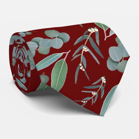 Burgundy & Green Eucalyptus Greenery Pattern Stropdas (Opgerold)