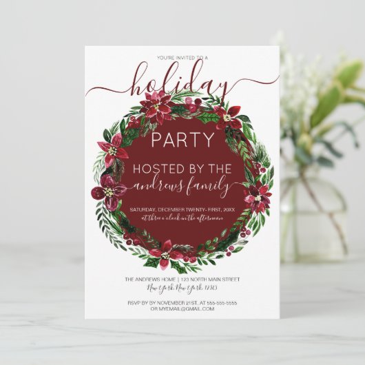 Burgundy Green Floral Wreath Waterverf Holiday Kaart (Staand voorkant)