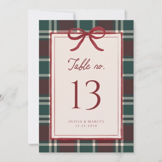 Burgundy Green Plaid Christmas Bow Table Numbers (Voorkant)