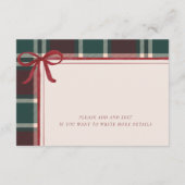 Burgundy Green Plaid Christmas Bow Wedding Details Informatiekaartje (Achterkant)