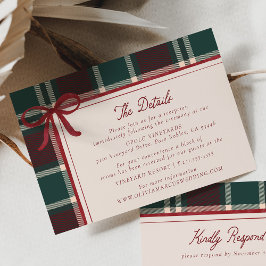 Burgundy Green Plaid Christmas Bow Wedding Details Informatiekaartje