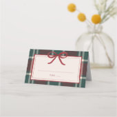 Burgundy Green Plaid Christmas Bow Wedding Plaatskaartje (Voorkant)