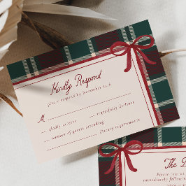 Burgundy Green Plaid Christmas Bow Wedding RSVP Kaartje