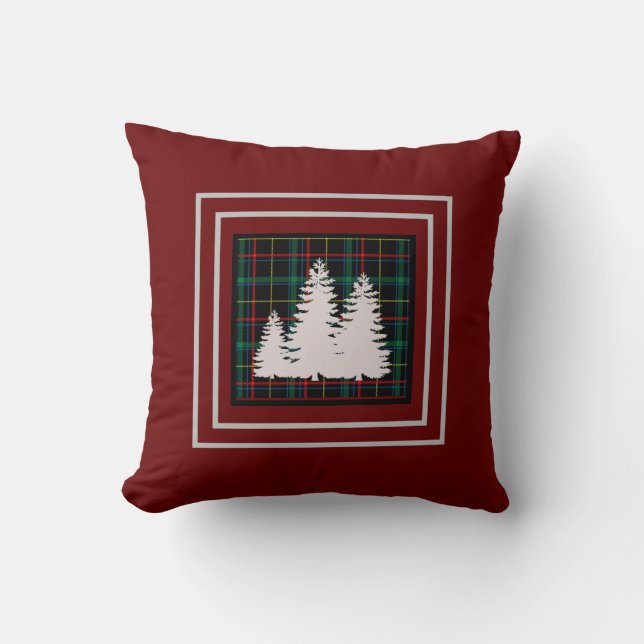 Burgundy Green Tartan Pset Tree Silhouette Kussen (Voorkant)
