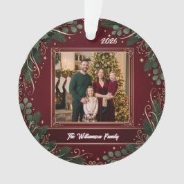 Burgundy Greenery Family Photo Christmas Acrylic Ornament