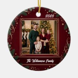 Burgundy Greenery Family Photo Christmas Ceramic Keramisch Ornament