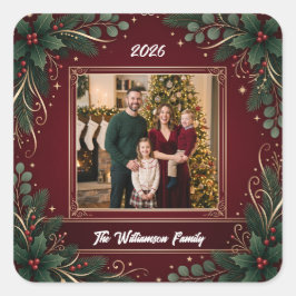 Burgundy Greenery Family Photo Christmas Sticker