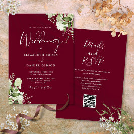Burgundy Greenery Floral QR Code Weddenschap Kaart