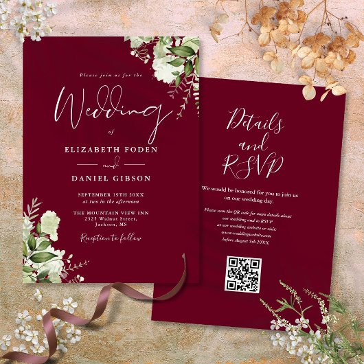 Burgundy Greenery Floral QR Code Weddenschap Kaart