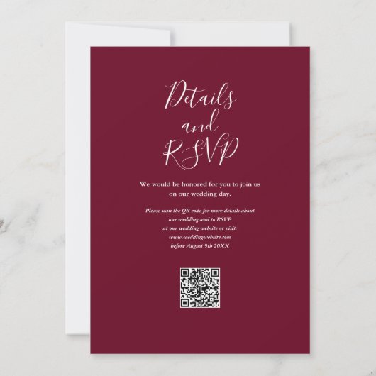 Burgundy Greenery Floral QR Code Weddenschap Kaart (Achterkant)