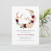 Burgundy Greenery Herfst White Pumpkin 1ste verjaa Kaart (Staand voorkant)