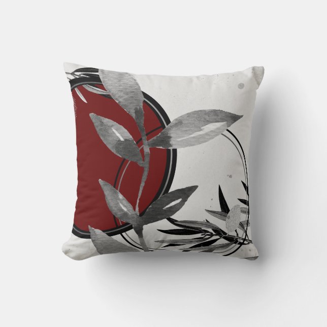Burgundy & Grey Abstract Zen Waterverf Leaf Kussen (Voorkant)