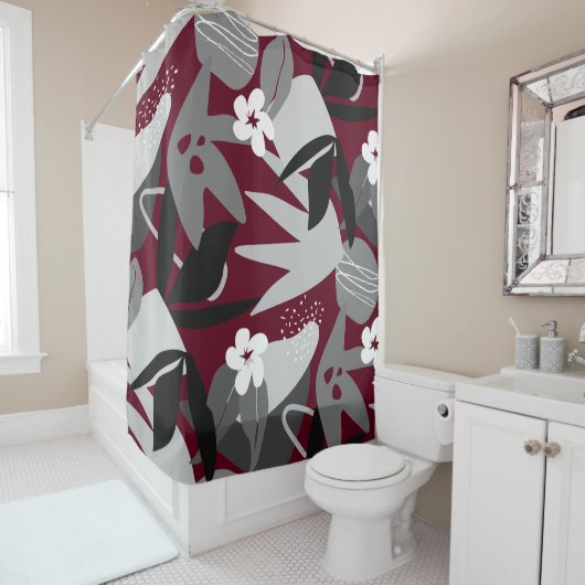 Burgundy Grey Black & White Modern Botanical Douchegordijn (In situ)