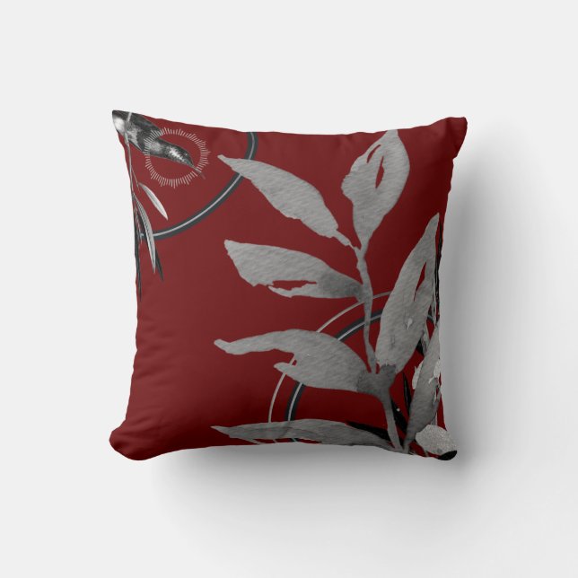 Burgundy & Grey Waterverf Leaves Hummingbird Kussen (Voorkant)