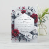 Burgundy Greyscale Bloom Wedding Kaart (Staand voorkant)