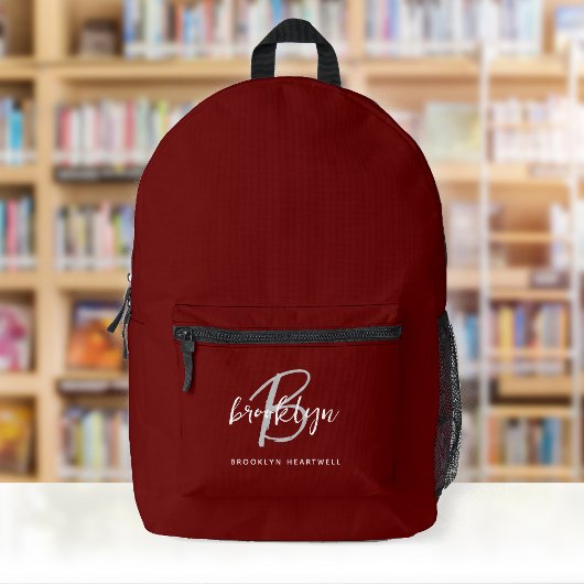 Burgundy Grijs Wit Script Monogram Naam Bedrukte Rugzak