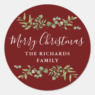 Burgundy groen Merry Christmas familienaam Ronde Sticker