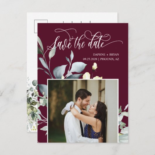 Burgundy Groene Bladeren QR Code Foto Save the Dat Aankondigingskaart (Voorkant / Achterkant)