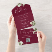 Burgundy Groene QR Code Monogram Huwelijk All In One Uitnodiging (Afscheurbaar)