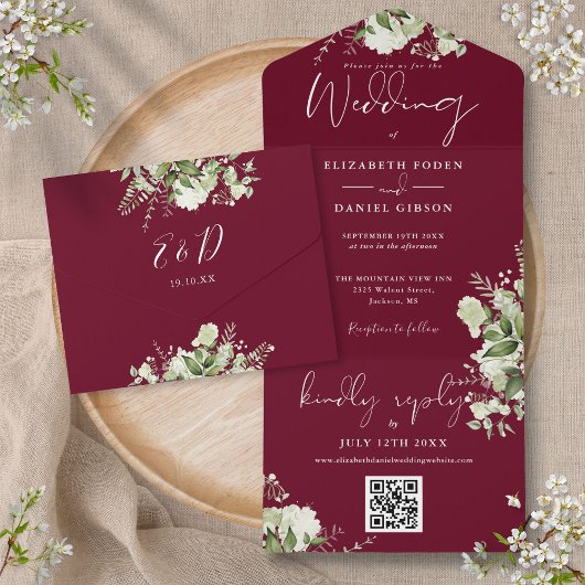 Burgundy Groene QR Code Monogram Huwelijk All In One Uitnodiging