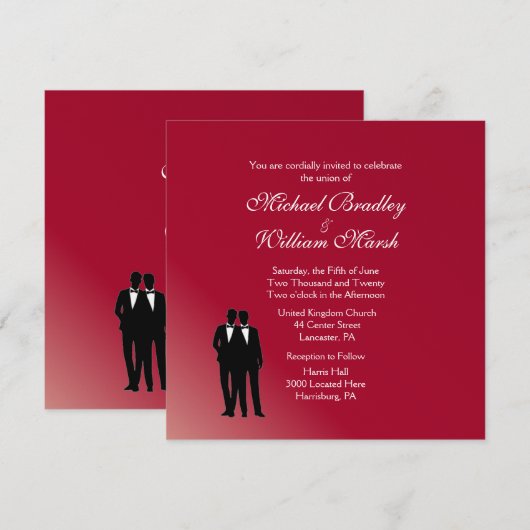 Burgundy Groom en Groom Gay Wedding Invitation Kaart (Voorkant / Achterkant)