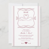 Burgundy Hand Drawn Swan Stripes Monogram Wedding Kaart (Voorkant)