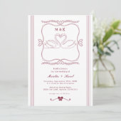 Burgundy Hand Drawn Swan Stripes Monogram Wedding Kaart (Staand voorkant)
