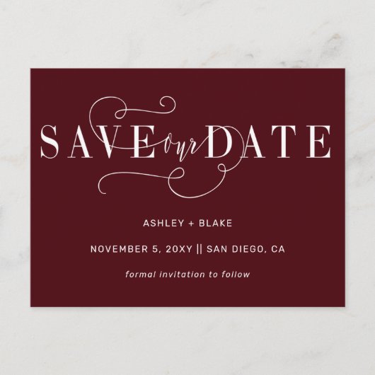 Burgundy Handwrite Calligraphy Save the Date Aankondigingskaart (Voorkant)