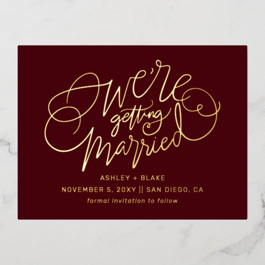 Burgundy Handwrite Calligraphy Save the Date Folie Uitnodiging Briefkaart (Voorkant)