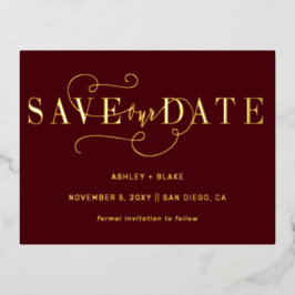 Burgundy Handwrite Calligraphy Save the Date Folie Uitnodiging Briefkaart