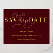 Burgundy Handwrite Calligraphy Save the Date Folie Uitnodiging Briefkaart (Voorkant)