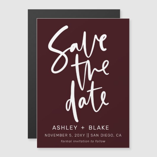 Burgundy Handwrite Calligraphy Save the Date Magnetische Uitnodiging (Voorkant / Achterkant)