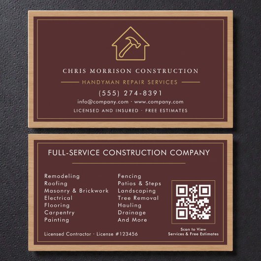 Burgundy Handyman QR Code Wood Construction Visitekaartje