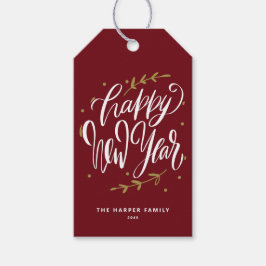 Burgundy Happy New Year Modern Calligraphy Wreath Cadeaulabel