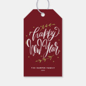 Burgundy Happy New Year Modern Calligraphy Wreath Cadeaulabel (Achterkant)