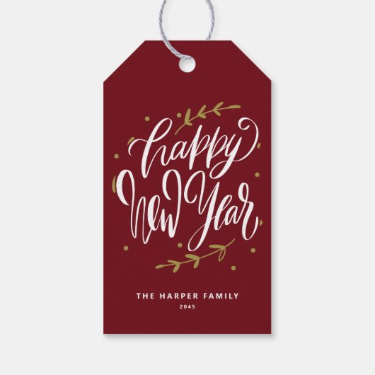 Burgundy Happy New Year Modern Calligraphy Wreath Cadeaulabel (Achterkant)