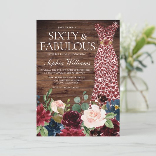 Burgundy Hartjurk Rustieke Bloemen 60e Verjaardag Kaart (Staand voorkant)