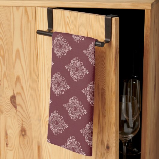 Burgundy Heart Damask Kitchen Towels Theedoek (Derde Gevouwen)