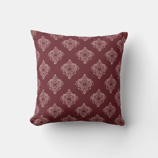 Burgundy Heart Damask Throw Pillow Kussen (Voorkant)