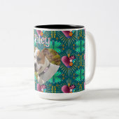 Burgundy heart with flowers and golden rays tweekleurige koffiemok (Voorkant rechts)