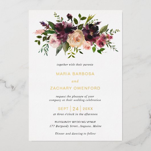 Burgundy Herfst Floral Elegant Wedding Folie Uitnodiging (Voorkant)