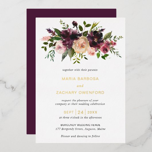 Burgundy Herfst Floral Elegant Wedding Folie Uitnodiging (Voorkant / Achterkant)
