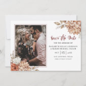 Burgundy Herfst Floral Photo Wedding Save the Date Kaart (Voorkant)