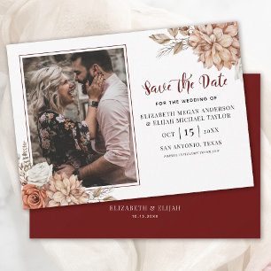 Burgundy Herfst Floral Photo Wedding Save the Date Kaart
